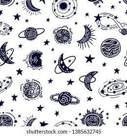 Universe texture. Kids nursery design. Night sky seamless pattern with stars, moon, planets, comets, sun, infinity and other space elements. Hand drawn vector background.