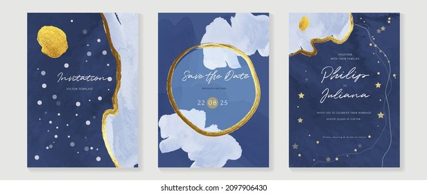 ฆtars and universe themed wedding invitation vector template collection. Gold and luxury save the dated card with watercolor and gold sparkles and brush texture. Starry night cover design background.