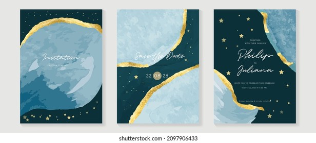 ฆtars and universe themed wedding invitation vector template collection. Gold and luxury save the dated card with watercolor and gold sparkles and brush texture. Starry night cover design background.