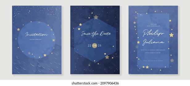 ฆtars and universe themed wedding invitation vector template collection. Gold and luxury save the dated card with watercolor and gold sparkles and brush texture. Starry night cover design background.