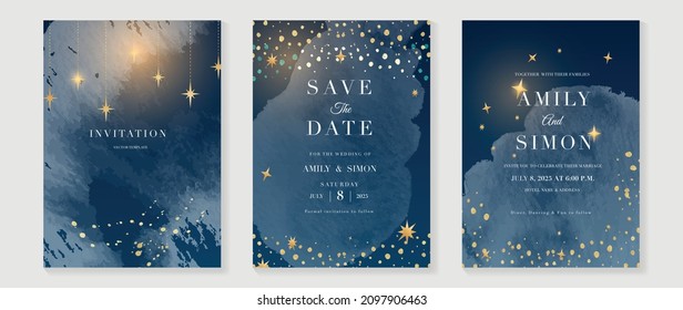 ฆtars and universe themed wedding invitation vector template collection. Gold and luxury save the dated card with watercolor and gold sparkles and brush texture. Starry night cover design background.