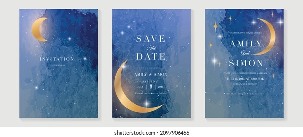 ฆtars and universe themed wedding invitation vector template collection. Gold and luxury save the dated card with watercolor and gold sparkles and brush texture. Starry night cover design background.