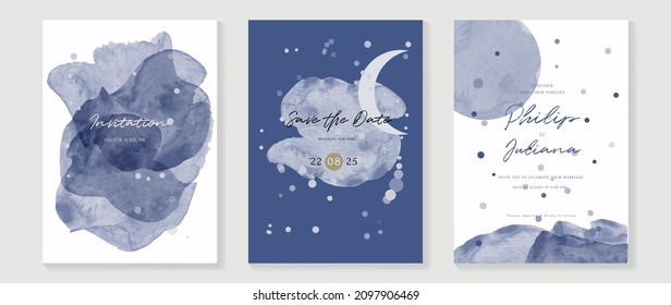 ฆtars and universe themed wedding invitation vector template collection. Gold and luxury save the dated card with watercolor and gold sparkles and brush texture. Starry night cover design background.