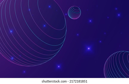 Universo con tres planetas. Fondo vectorial futurista. Galaxia, meta verso