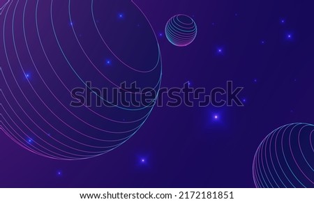 Universe with three planets. Futuristic vector background. Galaxy, meta verse