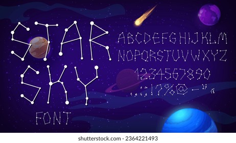 Universe type, star space font. Starry typeface, galaxy english alphabet, vector typography. Star constellation abc letters and numbers font set on dark space sky background with planets, asteroids