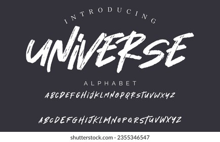 Universe vector brush style font, alphabet, typeface, typography. Global swatches.
