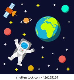 Universe vector template background with spaceman and satellite. Outer space with astronaut, planets and stars.