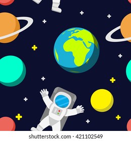 Universe vector template seamless pattern background. Outer space with astronaut, planets and rocket.