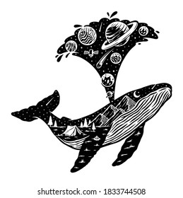 Universe and whale silhouette illustration