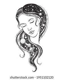 Universe woman. Girl with galaxy in her hair. Vector night dream illustration. Space with moon star sky. Magic tattoo with sleeping girl face. Modern astrology art. Beautiful universe women character