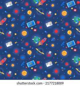 Universe world knowledge seamless pattern vector. Galaxy researching and discovery on flying rocket spaceship. Space researchment and exploration on spacecraft lat cartoon illustration