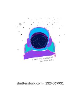 The Universe in your eyes Space travel Planet Star moon astronaut cosmos astronomy inspiration graphic design typography element. Hand drawn postcard. Cute simple vector paper cutout collage style