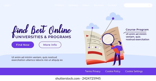 Universities and programs for students. Find best online course program, find more information and start educational path. Website landing page template, internet site, vector in flat styles