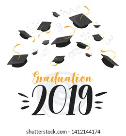 University 2019 class graduation flat vector poster template. Students mortar boards with tassels illustration. College, school grad congratulation, commencement ceremony web banner layout