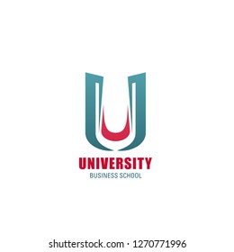 University Abstract Icon For Business School Emblem Template. Corporate Identity Abstract Font Of Capital Letter U Made Up Of Blue And Pink Curved Lines For Business Education Themes Design