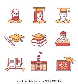 University and academic education signs set. Thin line art icons. Flat style illustrations isolated on white.