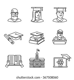 University and academic education signs set. Thin line art icons. Linear style illustrations isolated on white.