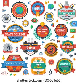 University, Academy and College Emblems or Logos Set. Vector illustration. Education Industry Design. Back to School Icons.