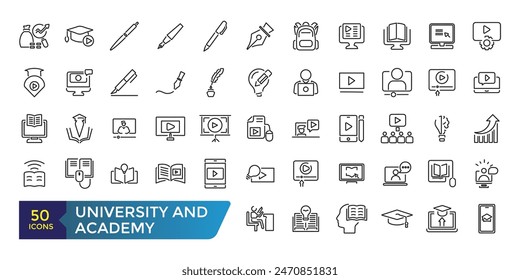 University and Academy icon set. School logo design badge. University emblem template. Collection and pack of linear web and ui icons. Editable stroke. Vector illustration