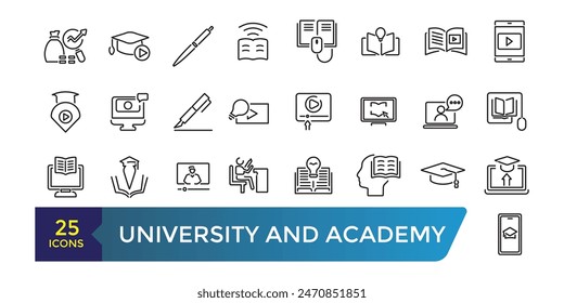 University and Academy icon set. School logo design badge. University emblem template. Collection and pack of linear web and ui icons. Editable stroke. Vector illustration