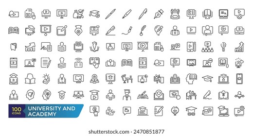 University and Academy icon set. School logo design badge. University emblem template. Collection and pack of linear web and ui icons. Editable stroke. Vector illustration