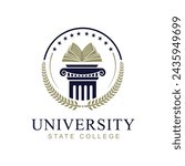 University and academy vector icons. Emblems or shields set for high school education graduates in maritime science, or law. Ribbons and badges of bachelor hat, laurel wreath. Vector Logo Template