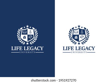 University and academy vector icons. Emblems or shields set for high school education graduates in maritime science, or law. Ribbons and badges of bachelor hat, laurel wreath, Vector Logo Template