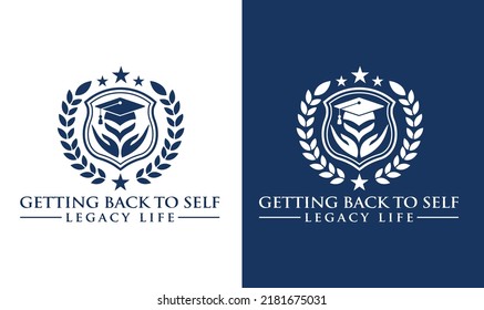 University and academy vector icons. Emblems or shields set for high school education graduates in maritime science, or law. Ribbons and badges of bachelor hat, laurel wreath, Vector Logo Template