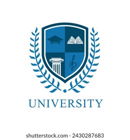 Iconos vectoriales de universidad y academia. Emblemas o escudos puestos para los graduados de educación secundaria en ciencias marítimas, o derecho. Cintas e insignias de sombrero de soltero, corona de laurel. Plantilla de logotipo vectorial