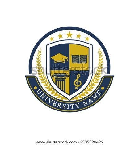 University and academy vector icons. Emblems or shields set for high school education graduates in maritime science, or law. Ribbons and badges of bachelor hat, laurel wreath. Vector Logo Template