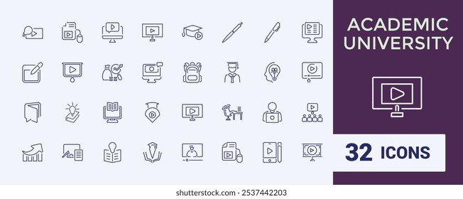 Conjunto de ícones de linha de vetor da academia universitária. Inclui salas de linha fina, projeto, minimalista, escola, educação, inspiração, livro e muito mais. Ícones de estilo linear fino. Vetor editável e ilustração.