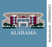 University of alabama main building illustration for print, stadium of alabama graphical icon, patriotism sign and star state, alabama celebration design, freedom flag alabama university and college