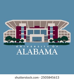 University of alabama main building illustration for print, stadium of alabama graphical icon, patriotism sign and star state, alabama celebration design, freedom flag alabama university and college