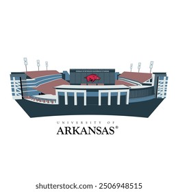 University of Arkansas football stadium vector art architectural illustration, american academy arkansas, creative college design emblem, arkansas famous stadium in blue and red