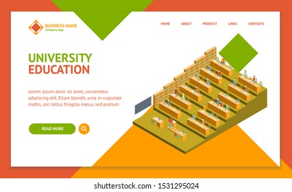 University Auditorium Landing Web Page Template Isometric View Professional Training Service Concept. Vector illustration of People and Equipment