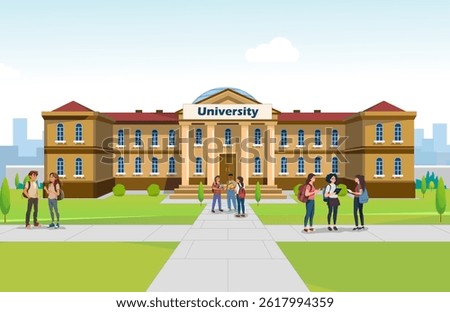 University Background Vector, Cartoon University Building Background Vector, Collage Students Vector