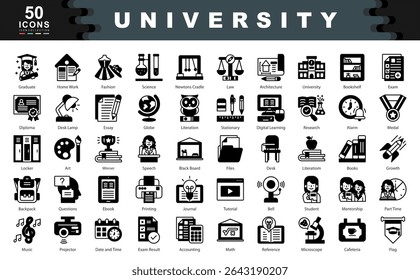 University black icon set containing Architecture ,Exam Result, Accounting, Math, Reference, Bookshelf, Exam, Diploma, Essay, Stationary, Digital Learning, Medal, Literation icon. Simple line vector