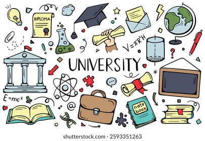 University. Bright vector set of icons, signs and symbols of learning, school, college, education. Simple hand-drawn elements for stickers, prints, banner, design
