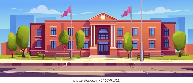 University building background banner in cartoon design. Classic facade with columns and flags of government architecture building. Cityscape with courthouse or bank. Vector cartoon illustration