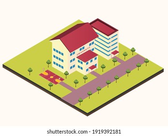 University building with basketball court isometric vector concept