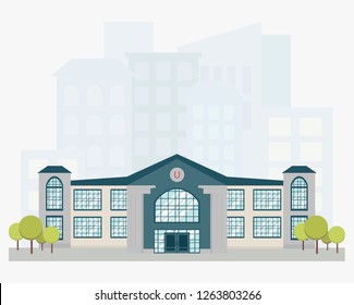 University building with city skyline on background. Modern architecture. Facade with big windows.Education theme. Colorful vector illustration in flat style.