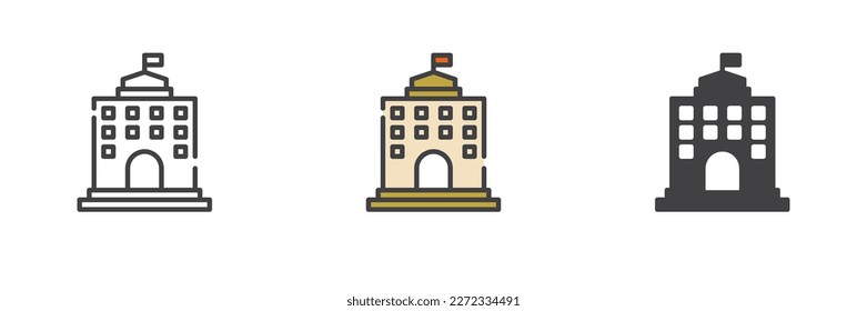 University building different style icon set. Line, glyph and filled outline colorful version, outline and filled vector sign. Symbol, logo illustration. Vector graphics