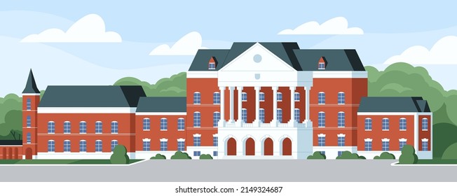 University building exterior. Classic European high school, college house architecture. Outside of public academic institution. Street panorama with museum, trees. Flat graphic vector illustration