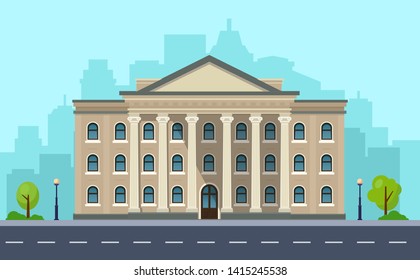 University building facade, bank or government institution in city skylines. Architecture building with columns. Vector illustration.
