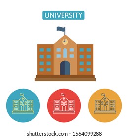 University building flat icons. Editable stroke high school sign for website application. Urban infrastructure. Architecture and city institution vector illustration isolated on white background.