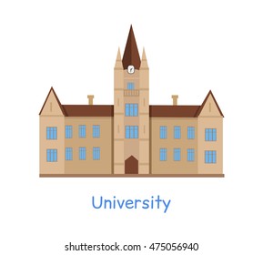 University building isolated on white in flat style. Modern building for students. Higher educational level. Educational academic establishment. Part of series of lifelong learning. Vector