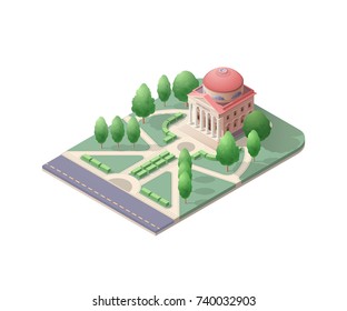 University building isometric concept with environment. Symbol of knowledge, science, education and graduation. Iconic style 3d vector illustration isolated on white background. 