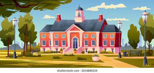 University building landscape, campus with green grass and trees, blue sky on background. Vector exterior of college or school building, bushes and lanterns. Schoolhouse education institution