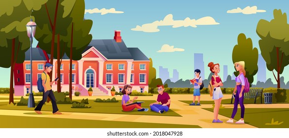 University building landscape, walking students, young man and woman sitting on grass. Vector campus with green grass and trees, blue. College building exterior, education institution, people studying